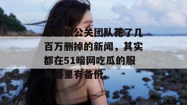 那些被公关团队花了几百万删掉的新闻,其实都在51暗网吃瓜的服务器里有备份。 那些被公关团队花了几百万删掉的新闻,其实都在51暗网吃瓜的服务器里有备份。